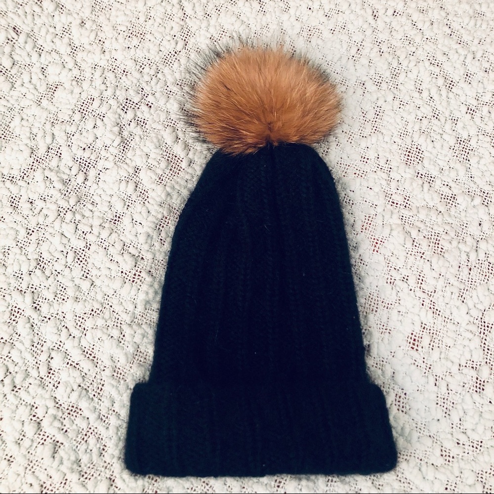 Black Mohair Hat Fur Pom Pom Hat Beanie